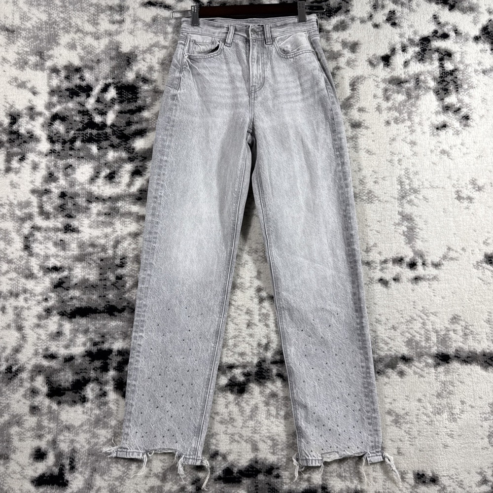 American Eagle Super High Rise Baggy Straight Jeans Womens 000 SHORT Bedazzled